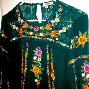 Teal green embroidered long sleeve dress